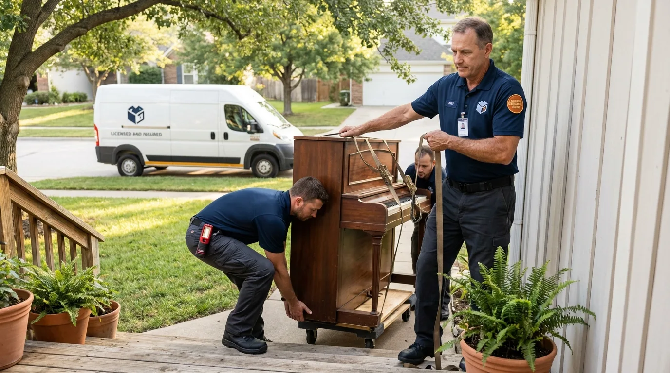 Licensed piano movers securing grand piano in Seekonk, MA