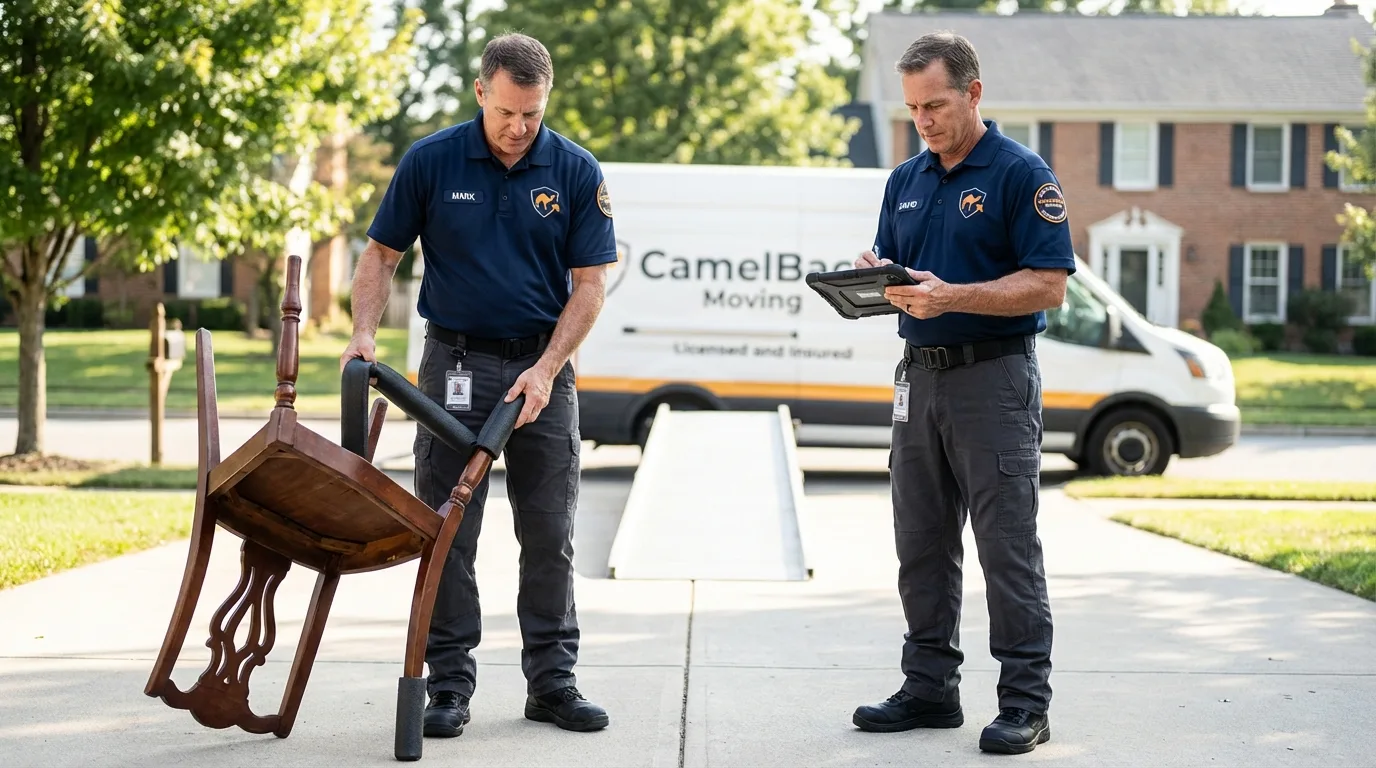 Movers inspecting furniture for damage prevention before loading in Seekonk, MA