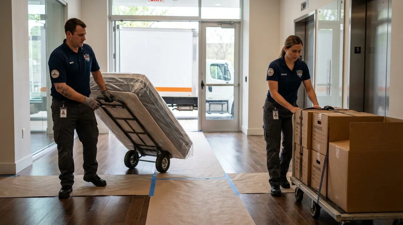 Professional apartment movers loading elevator in Seekonk, MA
