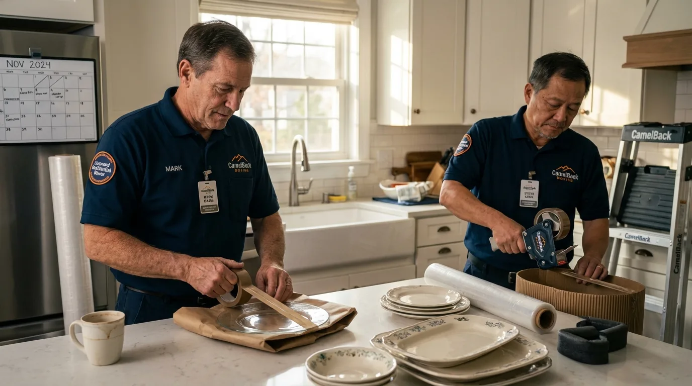Professional crew packing kitchen dishware in Seekonk, MA